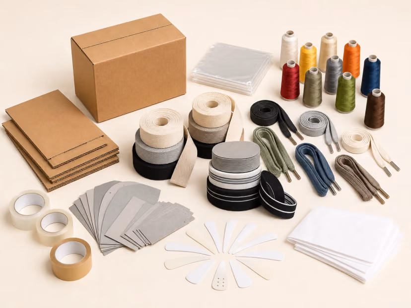 A flat lay of garment accessories and packaging products for apparel production