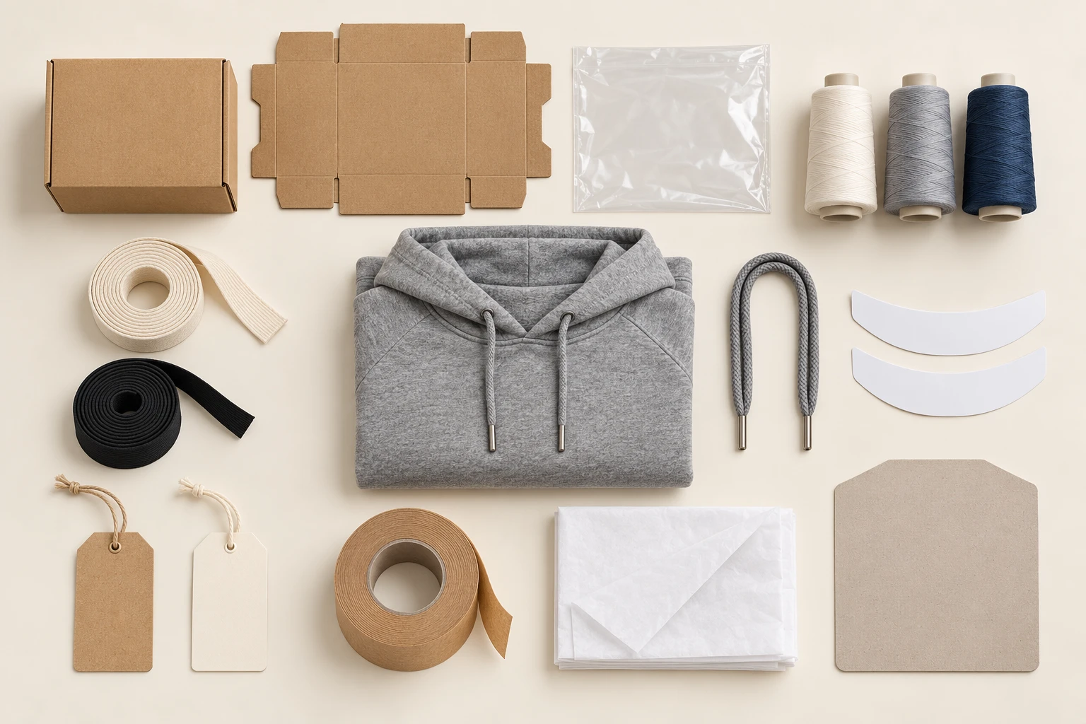 Garment accessories and packaging arranged around a folded hoodie: cartons, poly bags, sewing thread, tapes, elastics, drawcords, collar inserts, hang tags, gum tape, tissue paper and boards