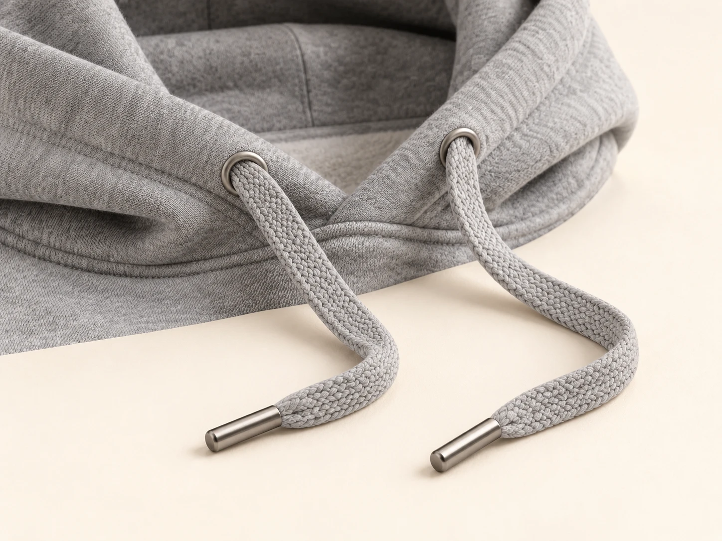 Braided drawstring threaded through hoodie eyelets