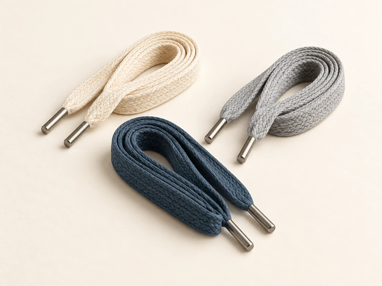 Cream, grey and navy drawcords with metal tips