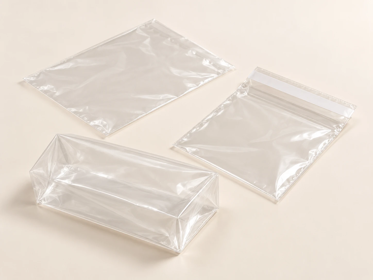 Flat, adhesive-lip and gusseted clear bags