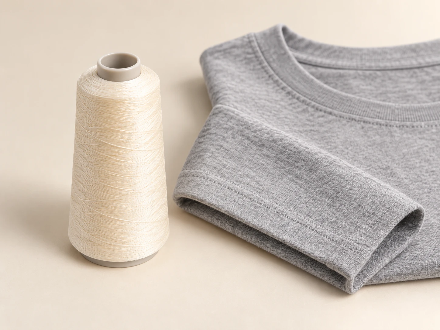 Sewing thread cone beside a folded garment