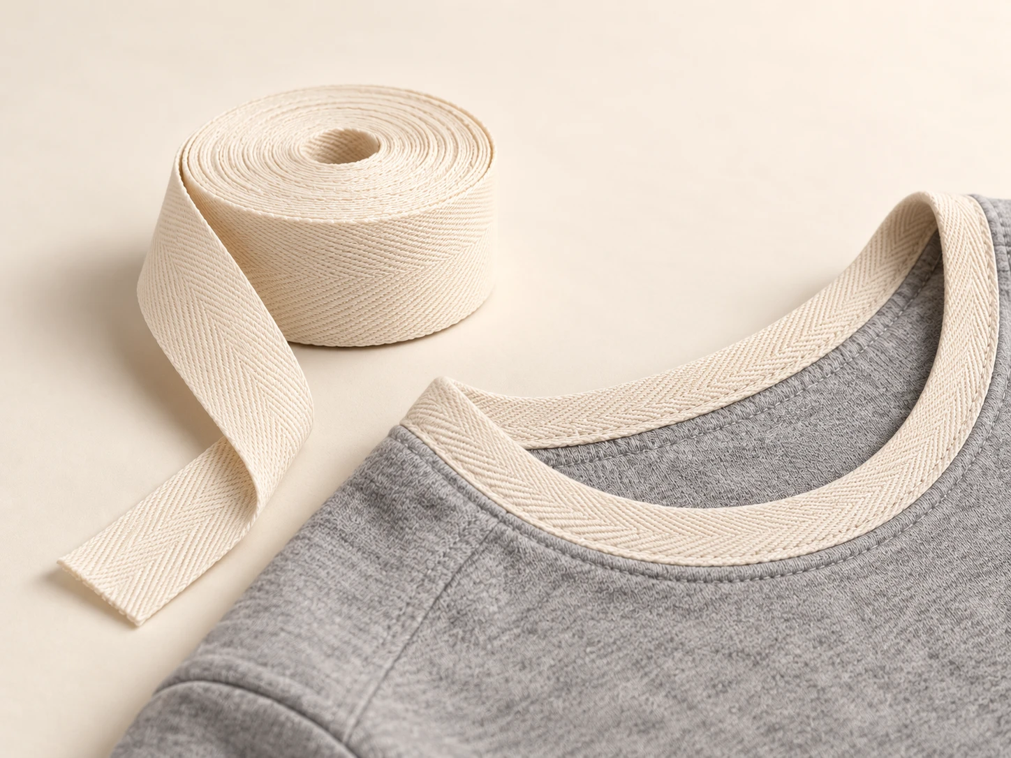 Cotton tape beside a garment neckline