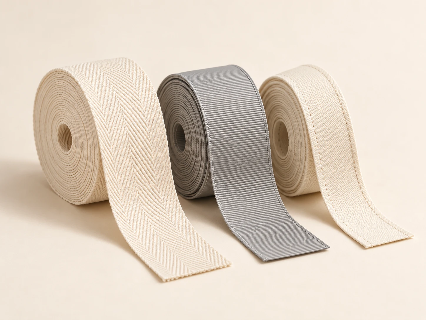 Textile tapes with herringbone, ribbed and plain weaves