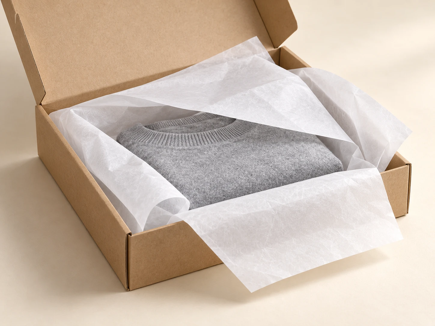 Tissue wrapping a folded garment inside a carton